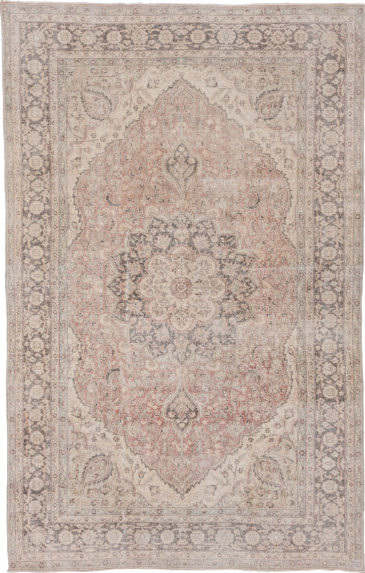 6' x 9' one-of-a-kind handmade vintage Oushak medium size rug. Color palette: gray, light gray, off-white, pink