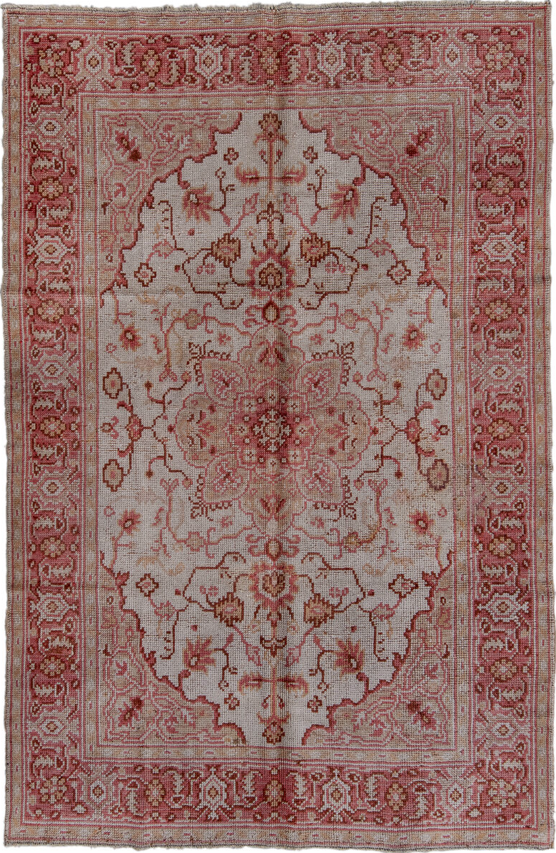 6' x 9' one-of-a-kind handmade vintage Oushak medium size rug. Color palette: brown, gray, light gray, off-white, pink, red