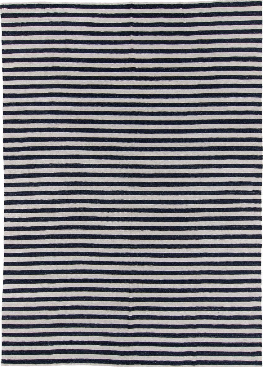 8' x 12' one-of-a-kind handmade vintage Kilim large size rug. Color palette: black, blue, charcoal, dark gray, gainsboro