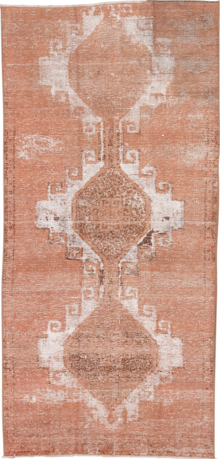 3' x 7' one-of-a-kind handmade vintage Overdyed runner rug. Color palette: brown, gray, light gray, off-white, pink, snow