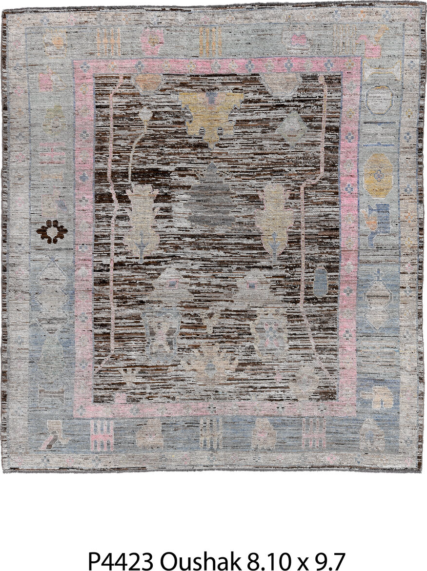 8' x 9' one-of-a-kind handmade vintage Oushak rug. Color palette: black, blue, brown, charcoal, dark gray, dim gray, fiord
