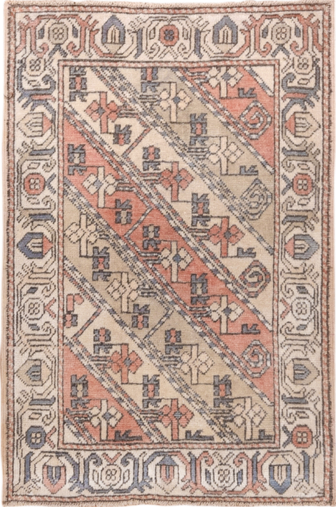 2' x 5' one-of-a-kind handmade vintage Oushak small size rug. Color palette: antiquewhite, brown, gray, light gray