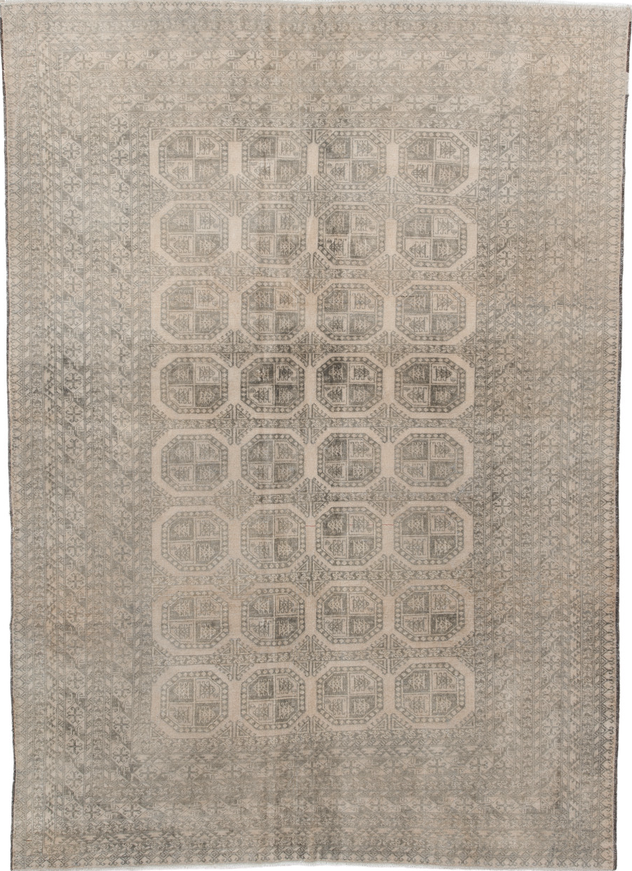 6' x 9' one-of-a-kind handmade vintage Afghan medium size rug. Color palette: brown, gray, light gray, off-white