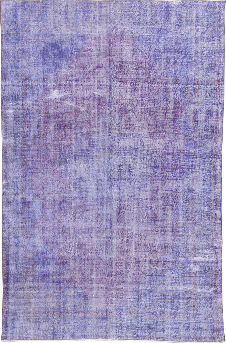 6' x 9' one-of-a-kind handmade vintage Overdyed medium size rug. Color palette: light blue, light gray, off-white, pink