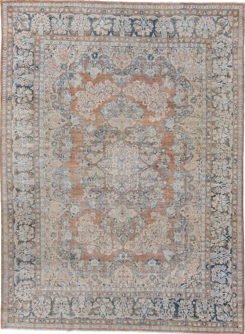 9' x 12' one-of-a-kind handmade vintage Mahal large size rug. Color palette: blue, dark gray, dim gray, fiord, gray