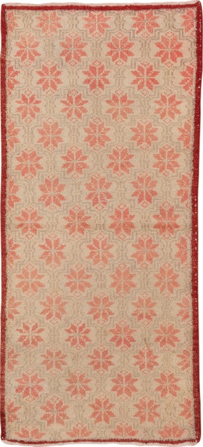 2' x 6' one-of-a-kind handmade vintage Oushak runner rug. Color palette: brown, off-white, orange, pink, red, snow, white
