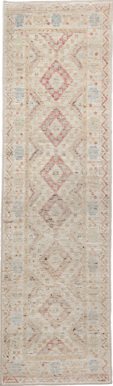 2' x 10' one-of-a-kind handmade vintage Tulu runner rug. Color palette: antiquewhite, brown, gray, light gray, off-white