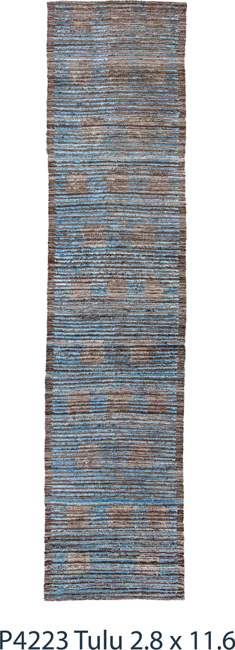2' x 11' one-of-a-kind handmade vintage Tulu runner rug. Color palette: black, blue, gray, light blue, light gray, off-white