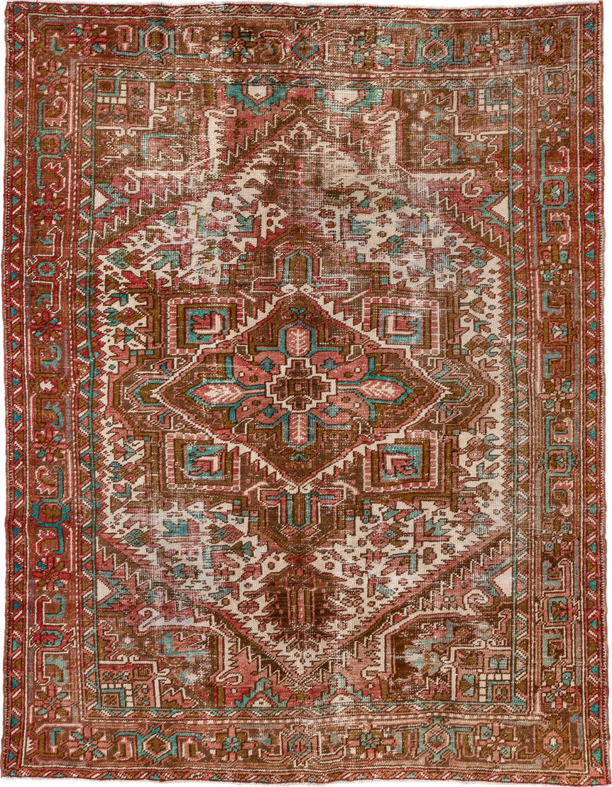 6' x 8' one-of-a-kind handmade vintage Heriz medium size rug. Color palette: blue, brown, gray, green, off-white, pink, red