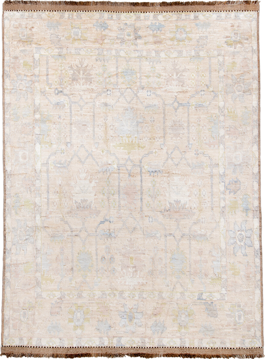 9' x 12' one-of-a-kind handmade vintage Oushak large size rug. Color palette: antiquewhite, brown, dark gray, gray