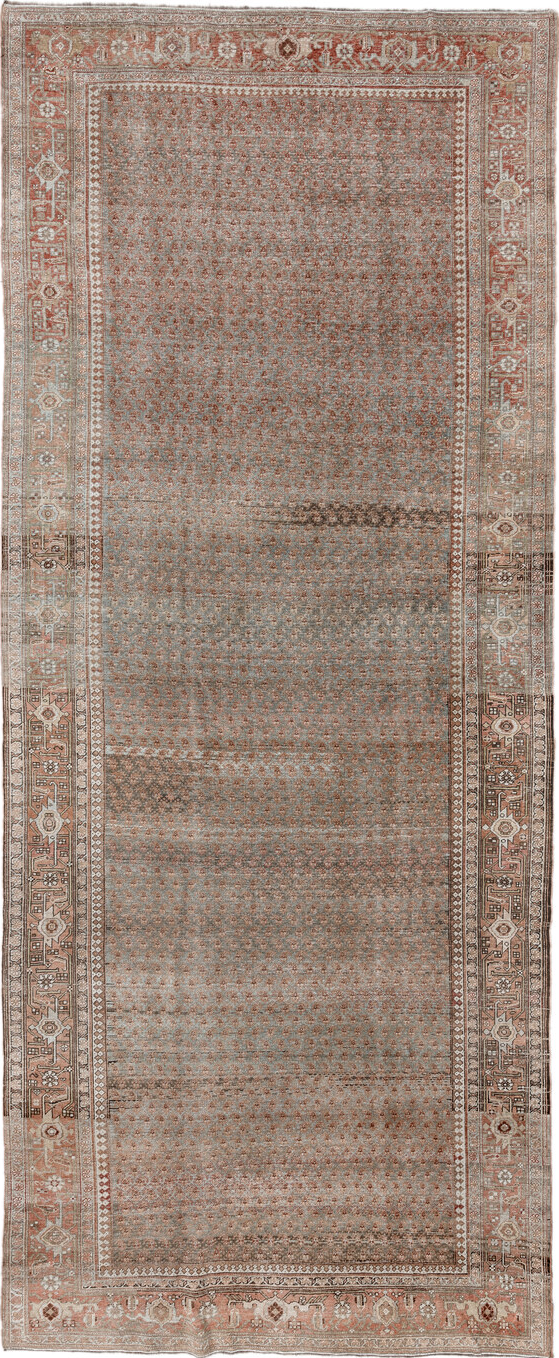 7' x 17' one-of-a-kind handmade vintage Bidjar rug. Color palette: brown, gray, light gray, off-white, pink, red