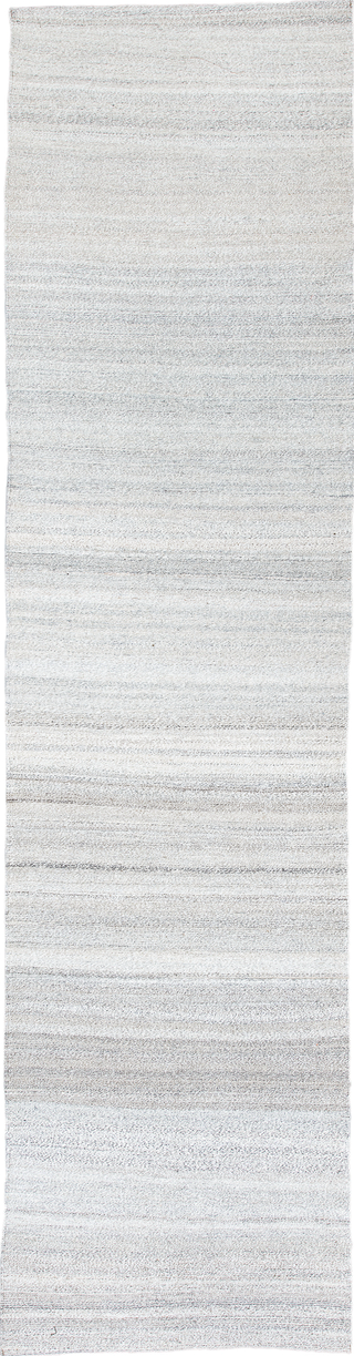 3' x 12' one-of-a-kind handmade vintage Kilim runner rug. Color palette: dark gray, gainsboro, gray, light blue, light gray