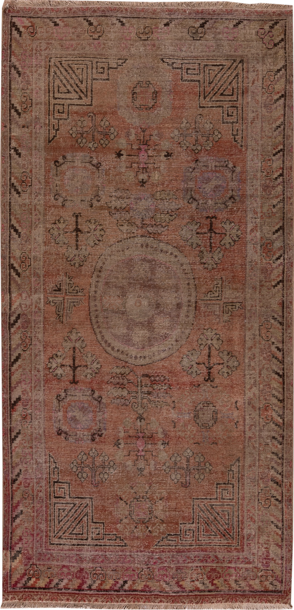 4' x 9' one-of-a-kind handmade vintage Khotan runner rug. Color palette: brown, gray, pink, red