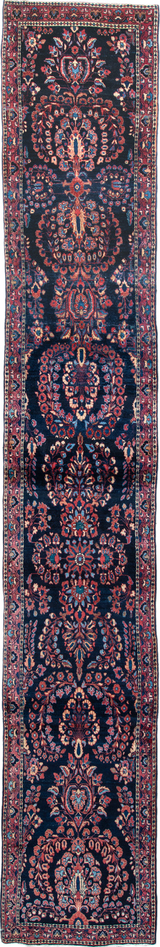 2' x 15' one-of-a-kind handmade vintage Sarouk runner rug. Color palette: red, brown, pink, gray, blue, light gray, orange