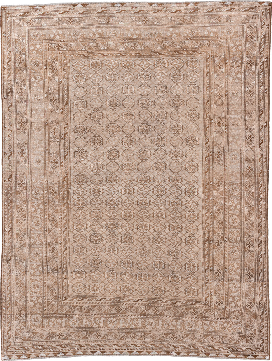 8' x 10' one-of-a-kind handmade vintage Afghan large size rug. Color palette: brown, gray, light gray, off-white, pink