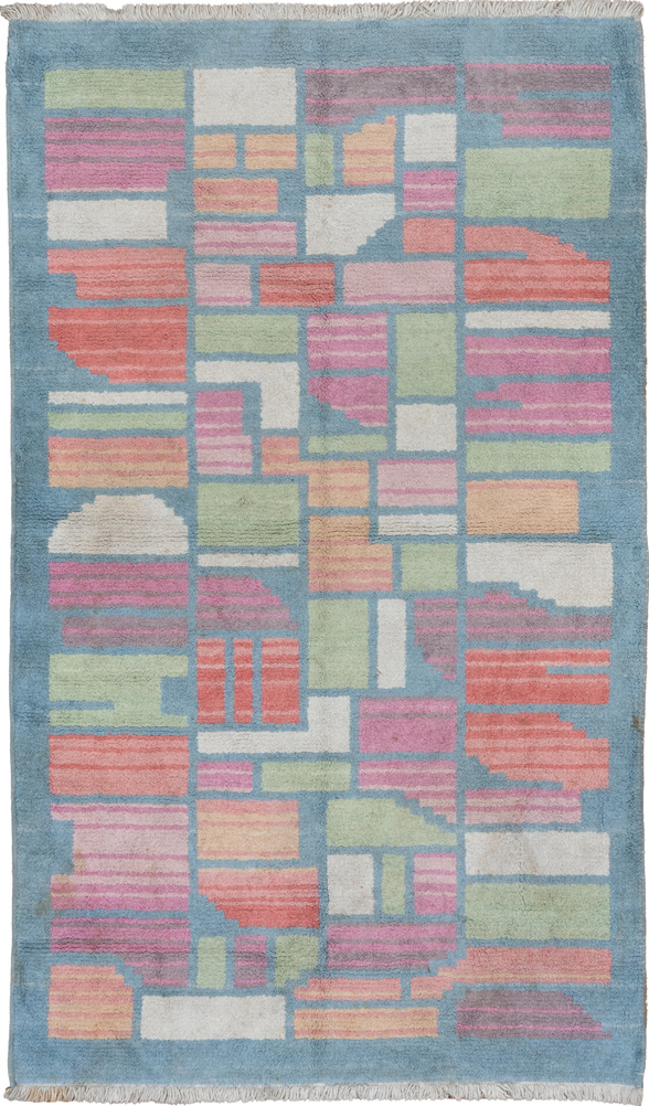 3' x 5' one-of-a-kind handmade vintage Cotton Agra small size rug. Color palette: blue, dark gray, gainsboro, gray