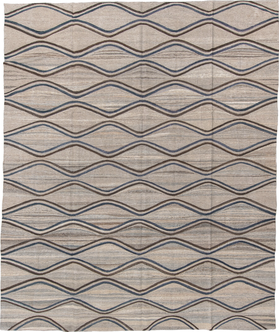 9' x 11' one-of-a-kind handmade vintage Kilim large size rug. Color palette: gray, pink, blue, light gray, off-white