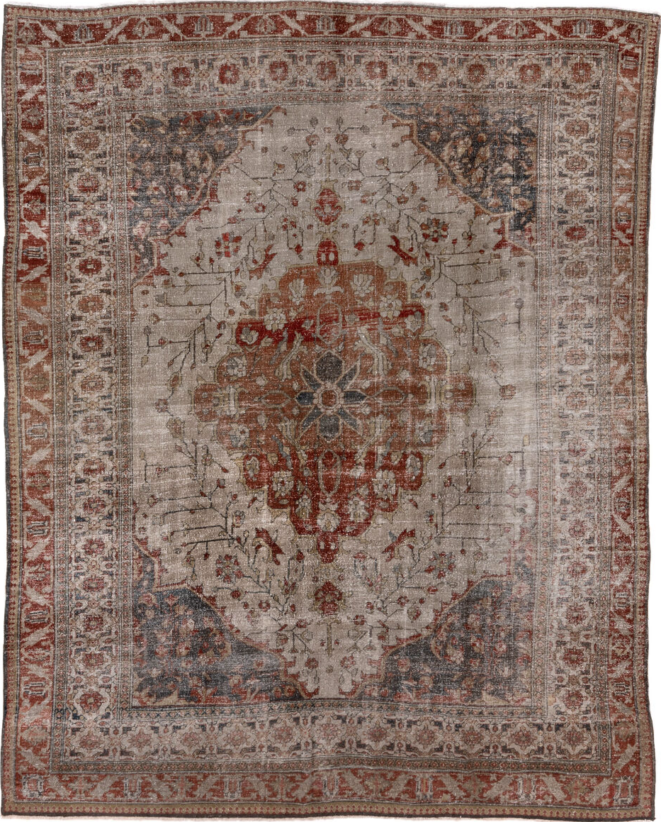 9' x 12' one-of-a-kind handmade vintage Mahal large size rug. Color palette: gray, pink, brown, red, light gray