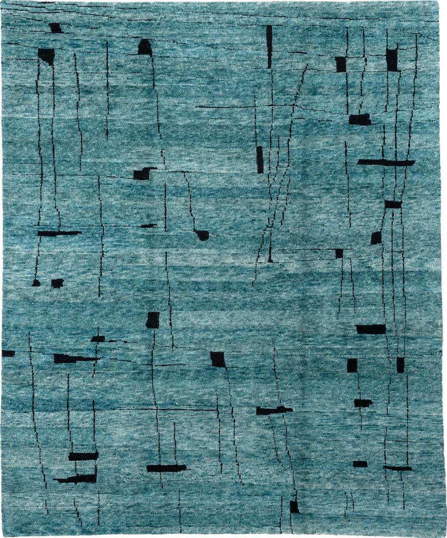 8' x 9' one-of-a-kind handmade vintage  rug. Color palette: gray, black, light blue, blue, green, dark slate gray
