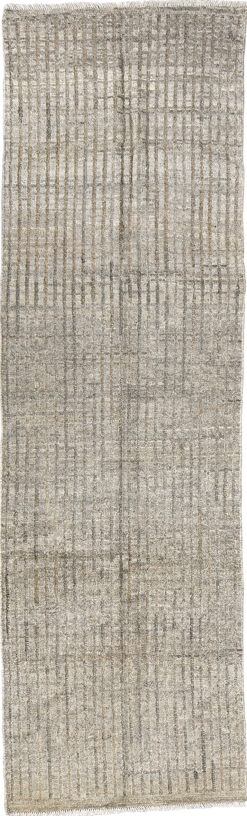 2' x 9' one-of-a-kind handmade vintage Tulu runner rug. Color palette: gray, light gray, off-white, silver
