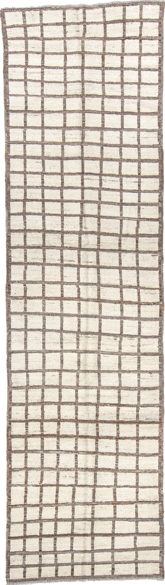 3' x 11' one-of-a-kind handmade vintage Tulu runner rug. Color palette: dark gray, gray, light gray, off-white, silver