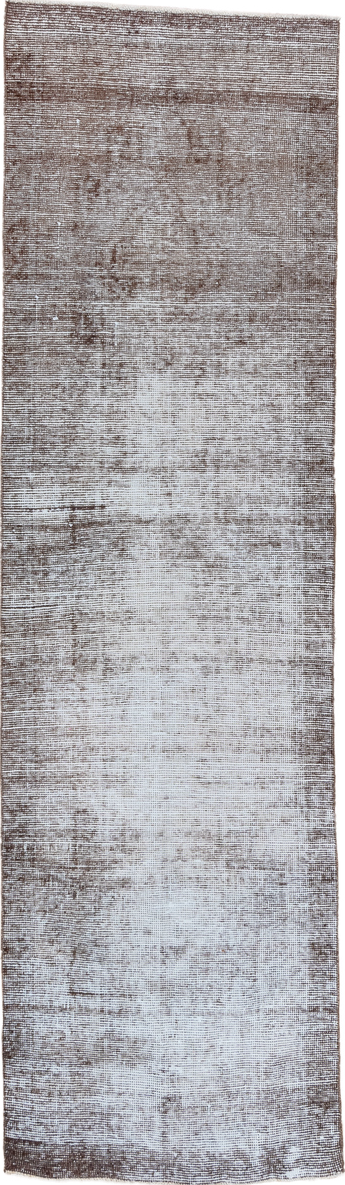 3' x 10' one-of-a-kind handmade vintage Overdyed runner rug. Color palette: dark gray, dim gray, gainsboro, gray, light blue