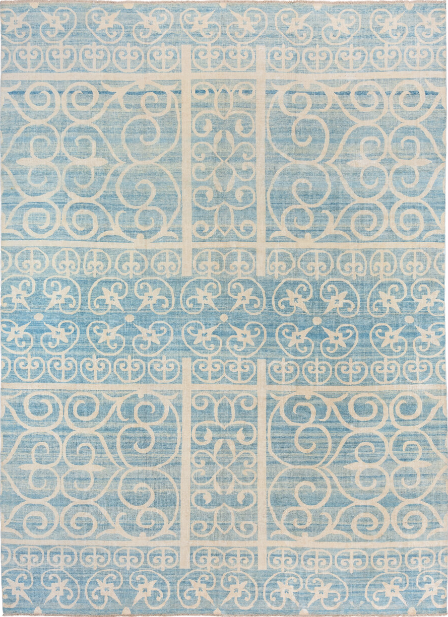 10' x 13' one-of-a-kind handmade vintage Khotan large size rug. Color palette: blue, gray, light blue, light gray, off-white