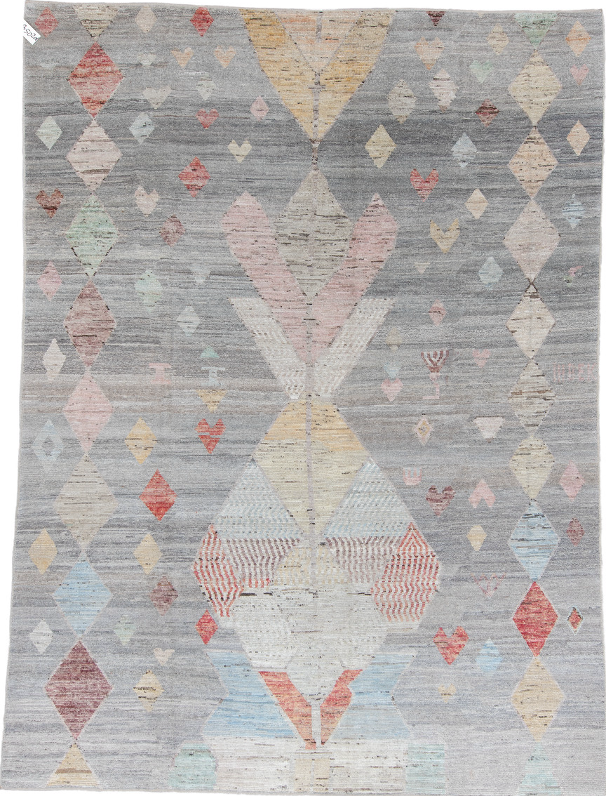 10' x 13' one-of-a-kind handmade vintage Tulu large size rug. Color palette: brown, dim gray, gray, light blue, light gray