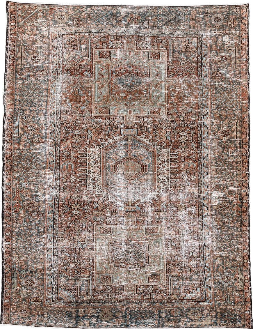 4' x 5' one-of-a-kind handmade vintage Karaje small size rug. Color palette: black, brown, charcoal, dark gray, gainsboro