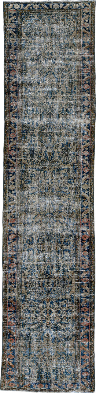 3' x 13' one-of-a-kind handmade vintage  runner rug. Color palette: black, blue, charcoal, dark gray, dim gray, fiord, gray