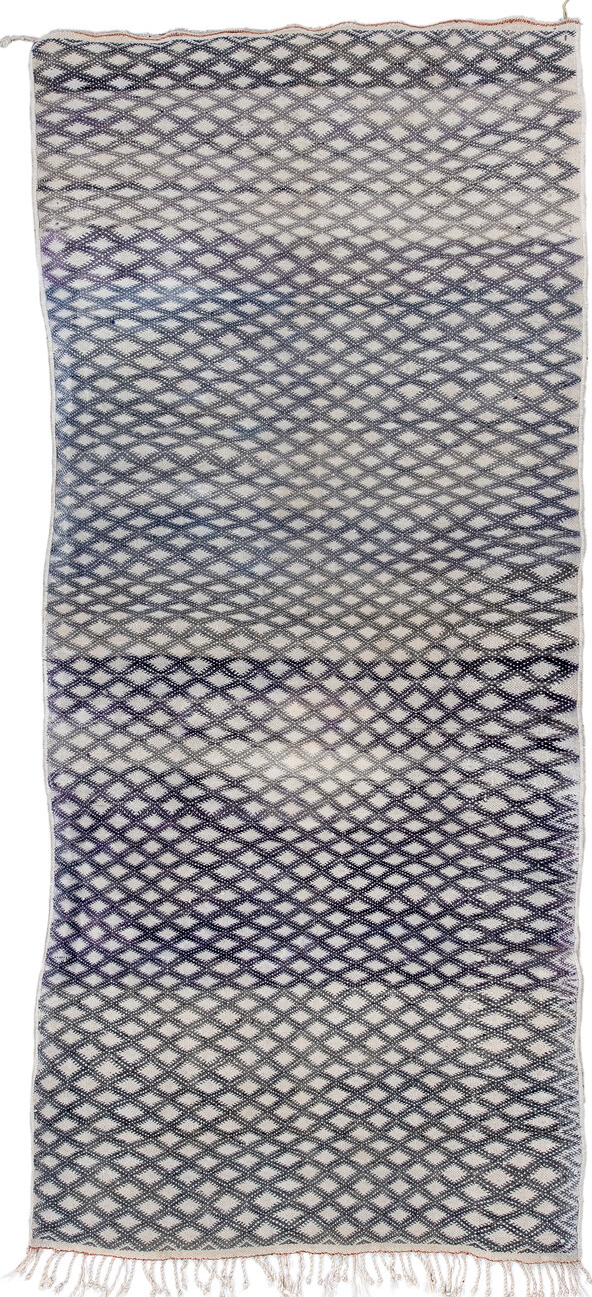 3' x 8' one-of-a-kind handmade vintage Kilim runner rug. Color palette: black, blue, dark gray, dim gray, gainsboro