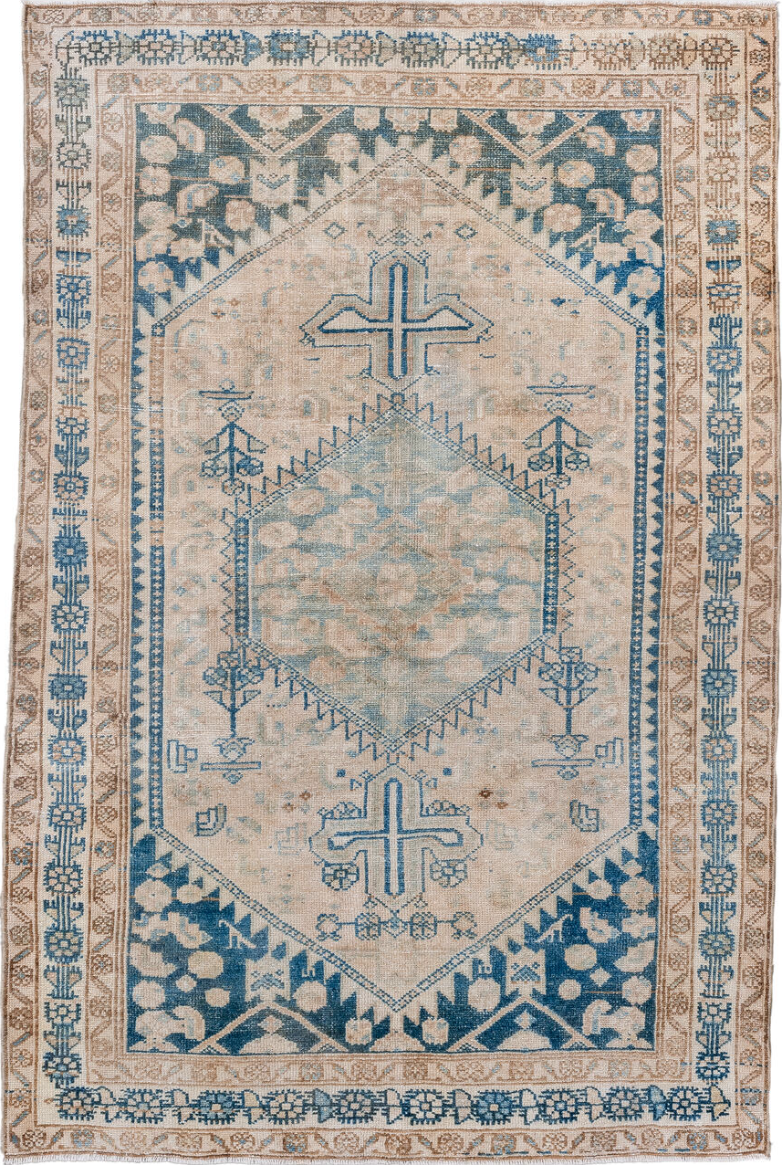 4' x 6' one-of-a-kind handmade vintage Hamadan small size rug. Color palette: antiquewhite, blue, brown, dark gray, dim gray