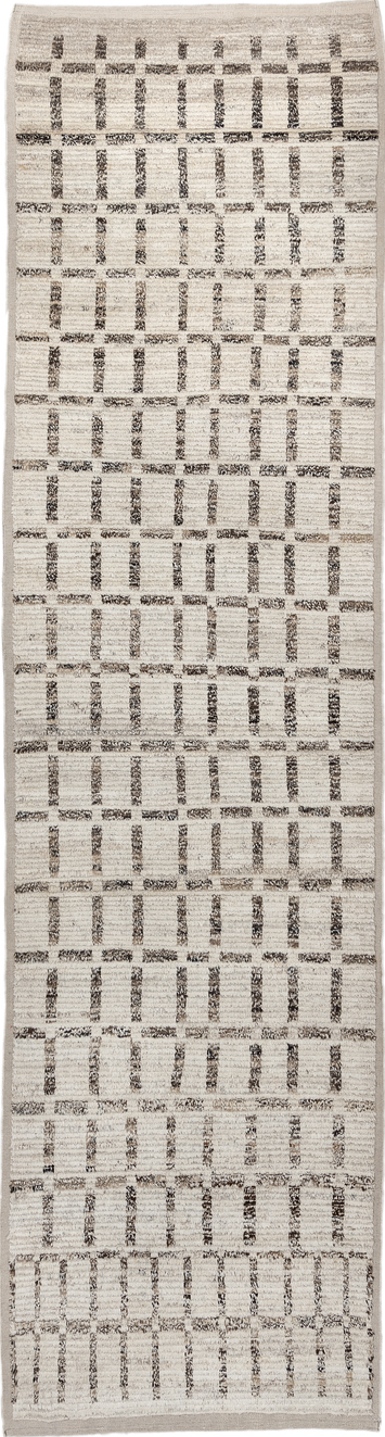 3' x 13' one-of-a-kind handmade vintage Tulu runner rug. Color palette: black, gray, light gray, off-white