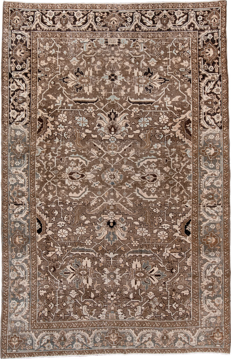 6' x 10' one-of-a-kind handmade vintage Heriz large size rug. Color palette: black, brown, gray, light gray, off-white
