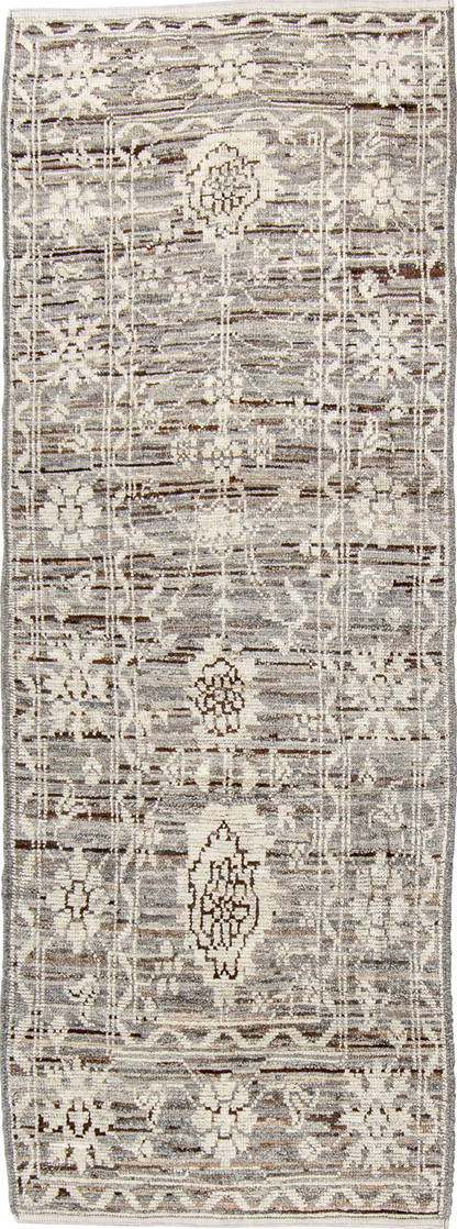3' x 8' one-of-a-kind handmade vintage Tulu runner rug. Color palette: brown, dark gray, gray, light gray, off-white, silver