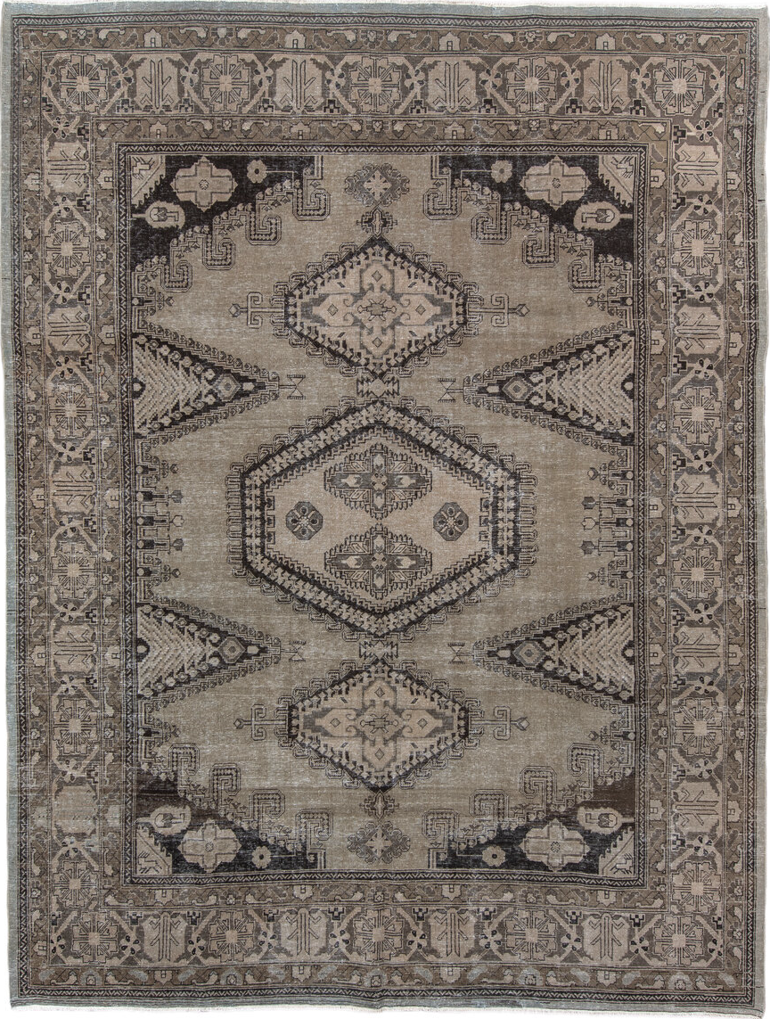 8' x 11' one-of-a-kind handmade vintage Veece large size rug. Color palette: gray, black, light gray, pink, brown, charcoal