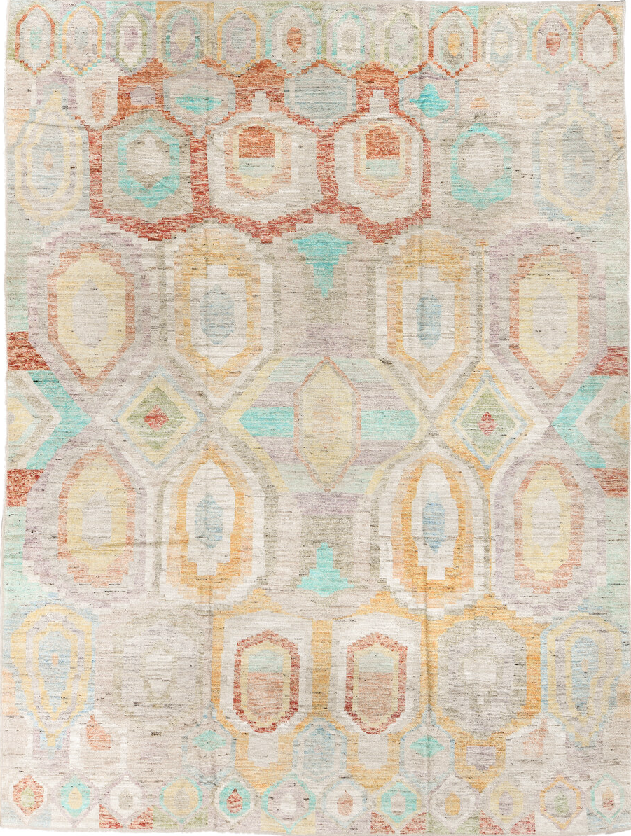 10' x 13' one-of-a-kind handmade vintage Tulu large size rug. Color palette: beige, blue, brown, floral white, gray, ivory