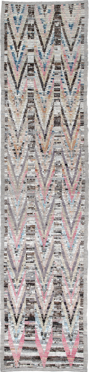 3' x 13' one-of-a-kind handmade vintage Tulu runner rug. Color palette: black, blue, dark gray, gray, light gray, off-white