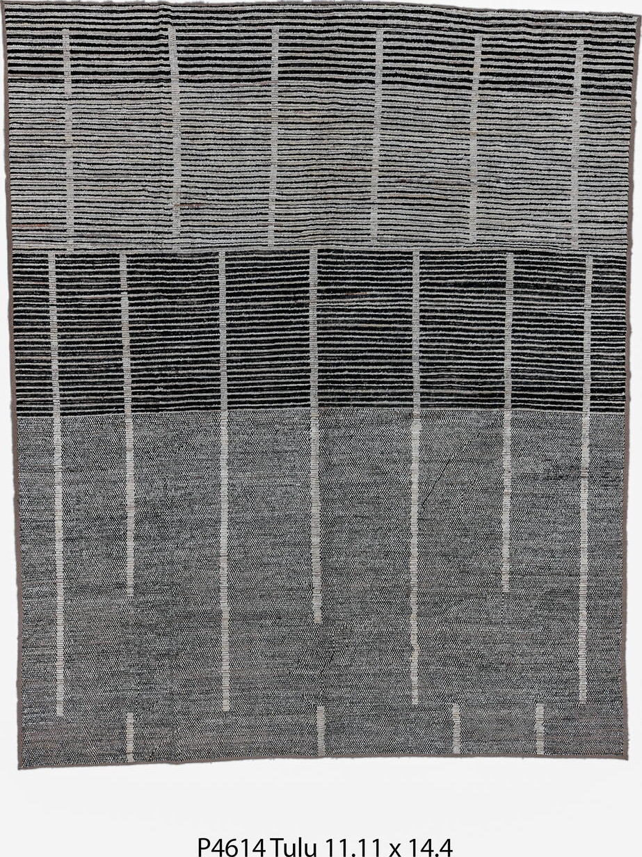 11' x 14' one-of-a-kind handmade vintage Tulu oversize rug. Color palette: black, charcoal, dark gray, dim gray, gainsboro