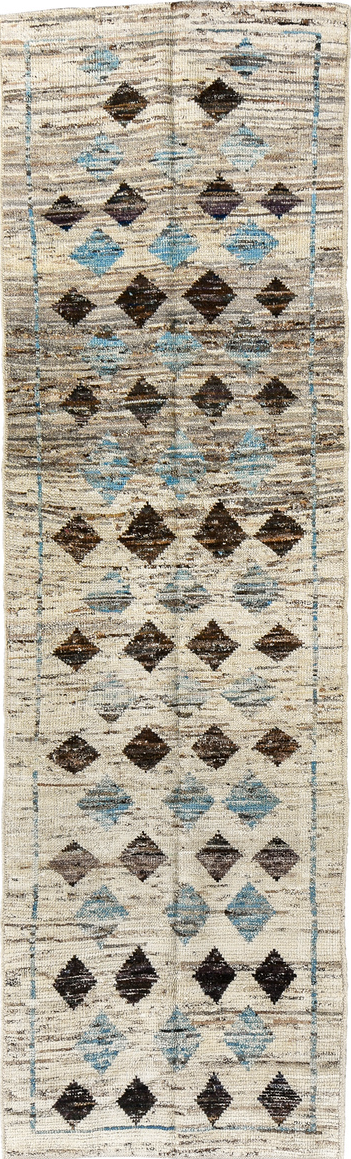 2' x 9' one-of-a-kind handmade vintage Tulu runner rug. Color palette: black, blue, brown, dark gray, fiord, gray