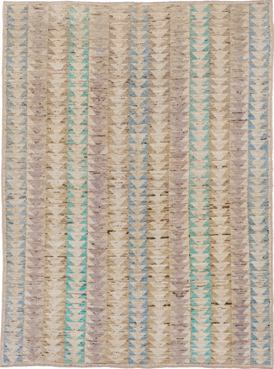 5' x 7' one-of-a-kind handmade vintage Moroccan rug. Color palette: gray, blue, light gray, off-white, green, brown, pink
