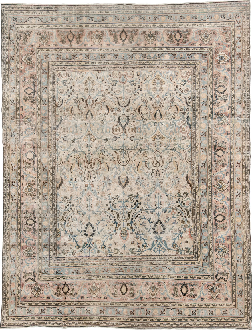 9' x 12' one-of-a-kind handmade vintage Khorassan large size rug. Color palette: blue, brown, dark gray, gray, light gray
