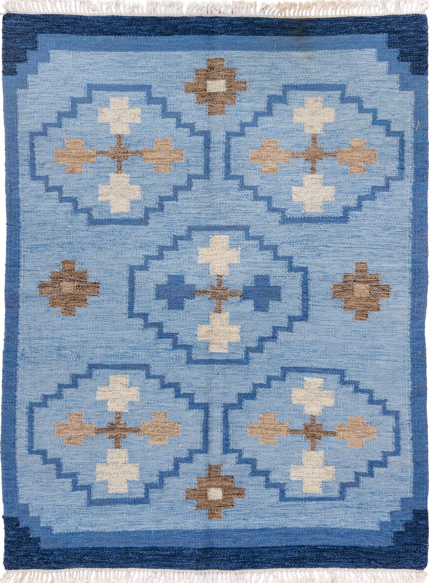 5' x 7' one-of-a-kind handmade vintage Rollaken rug. Color palette: blue, brown, gainsboro, gray, light blue, light gray