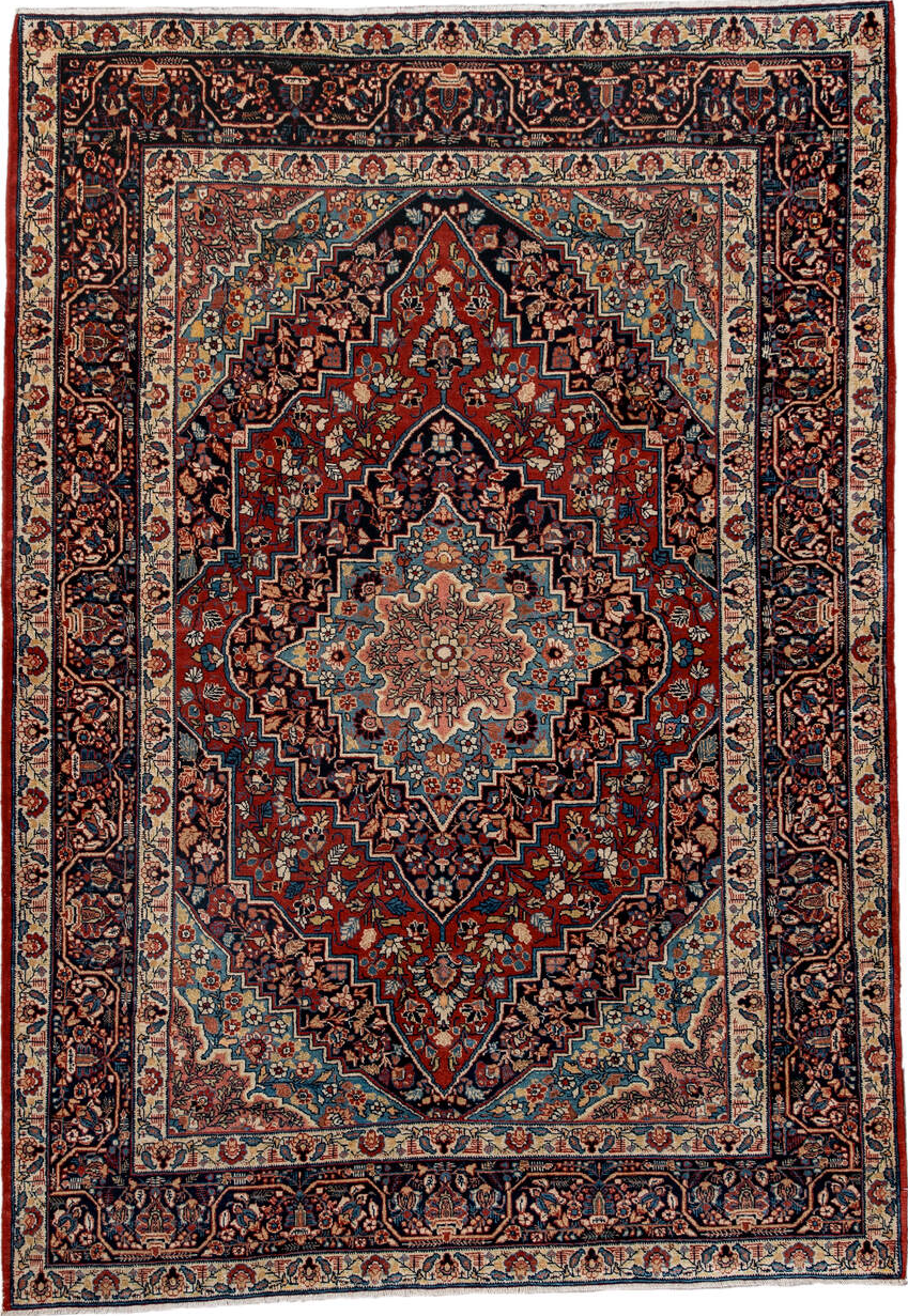 4' x 5' one-of-a-kind handmade vintage Kashan small size rug. Color palette: arapawa, black, blue, brown, gray, light gray