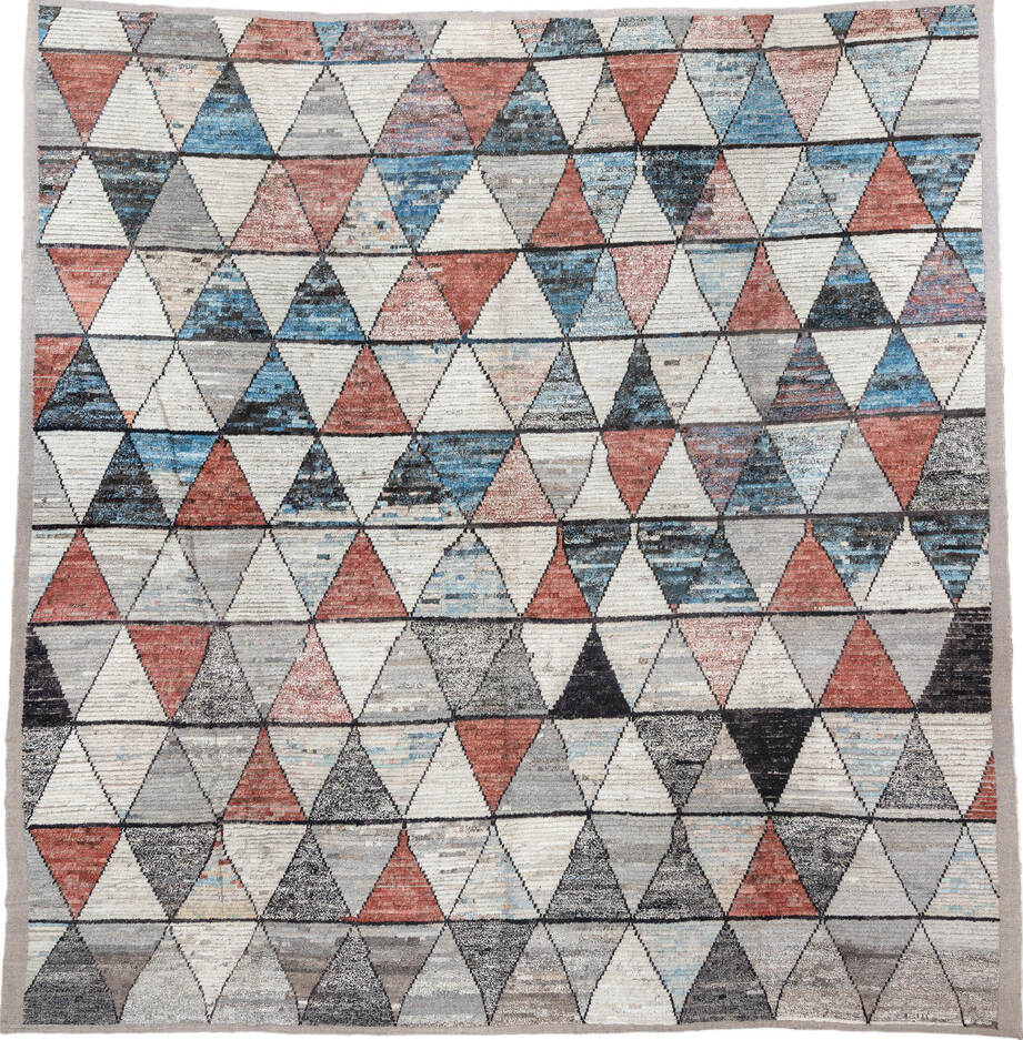 14' x 14' one-of-a-kind handmade vintage Tulu oversize rug. Color palette: off-white, gray, light gray, pink, blue