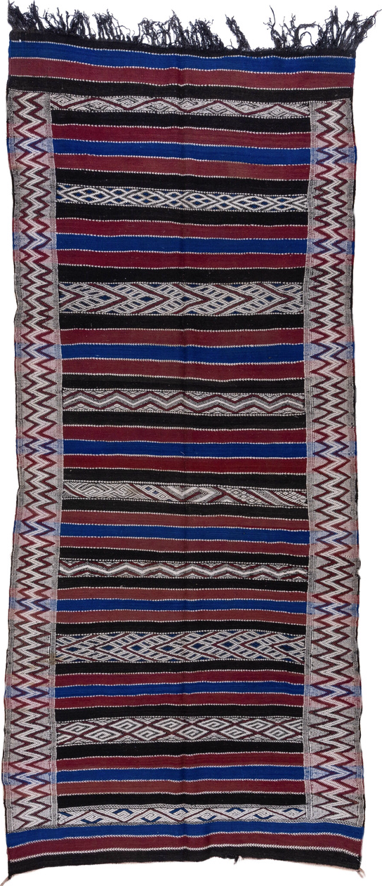 5' x 11' one-of-a-kind handmade vintage Kilim runner rug. Color palette: black, blue, brown, dark gray, gray, light gray