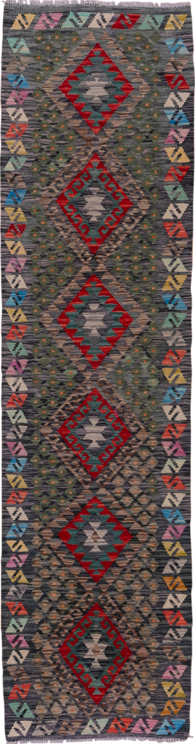 2' x 9' one-of-a-kind handmade vintage Kilim runner rug. Color palette: black, blue, brown, gray, pink, red