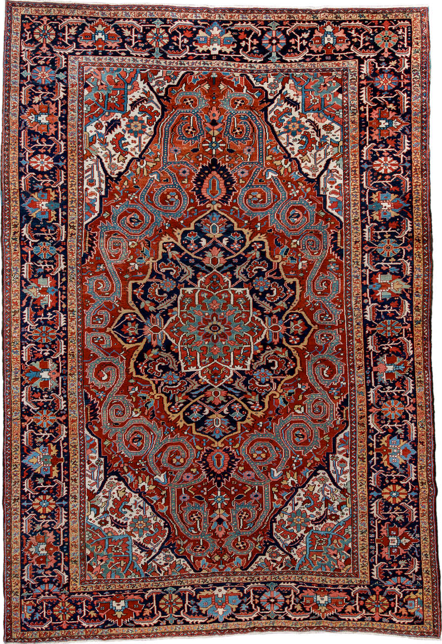 9' x 13' one-of-a-kind handmade vintage Heriz large size rug. Color palette: blue, brown, cadet blue, dark slate gray, gray