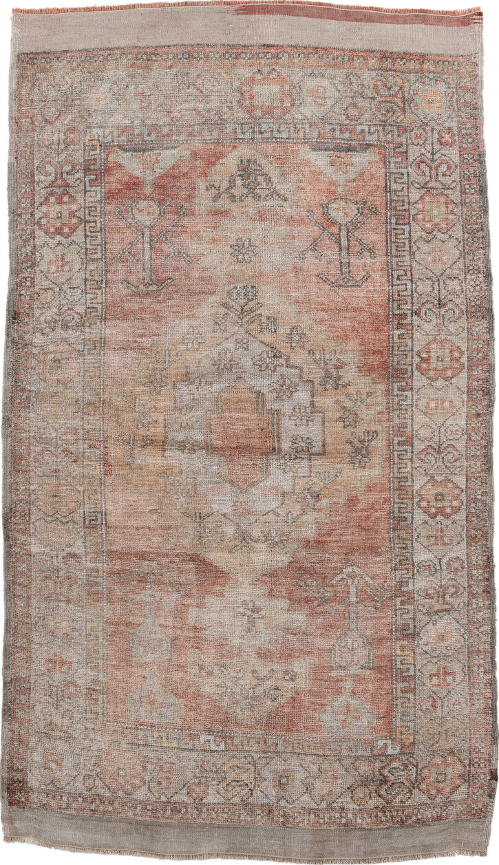 3' x 6' one-of-a-kind handmade vintage Anatol small size rug. Color palette: brown, gray, light gray, off-white, pink