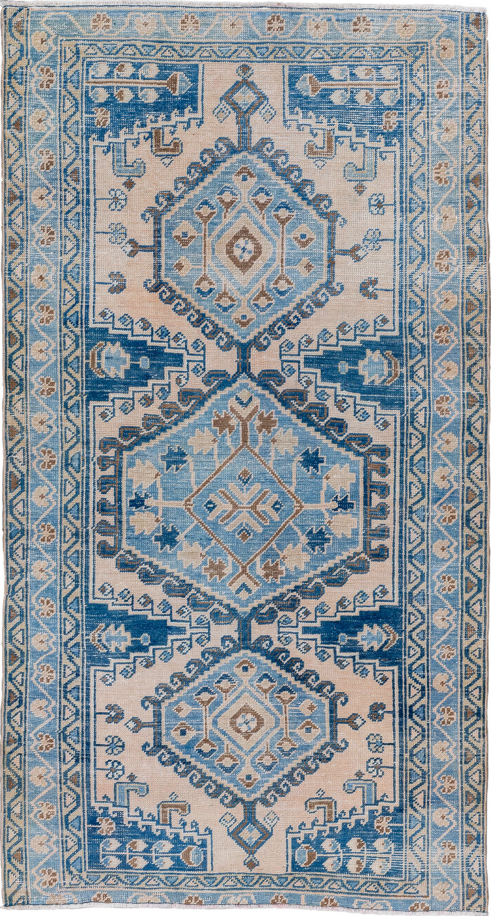 3' x 6' one-of-a-kind handmade vintage Veece small size rug. Color palette: arapawa, blue, brown, dim gray, gainsboro, gray